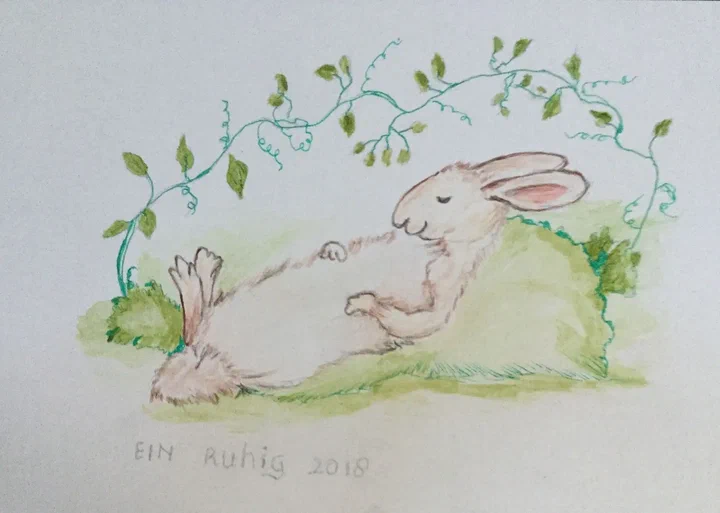 Illustratie van een konijn tussen planten