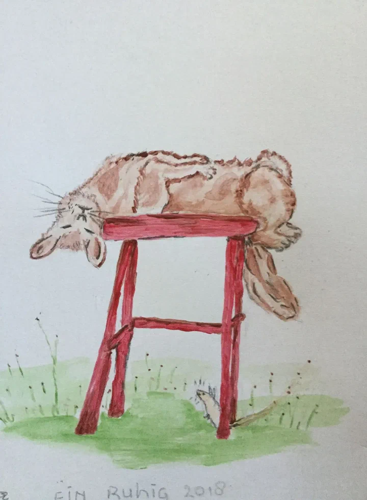 Illustratie van een dier op een rode stoel