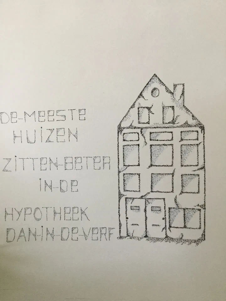 Tekening van een Amsterdams grachtenpand met tekst