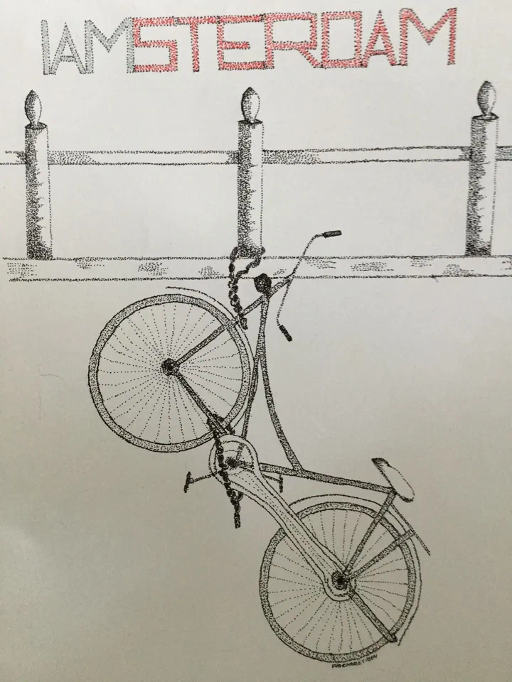 Tekening van een fiets onder het woord Amsterdam