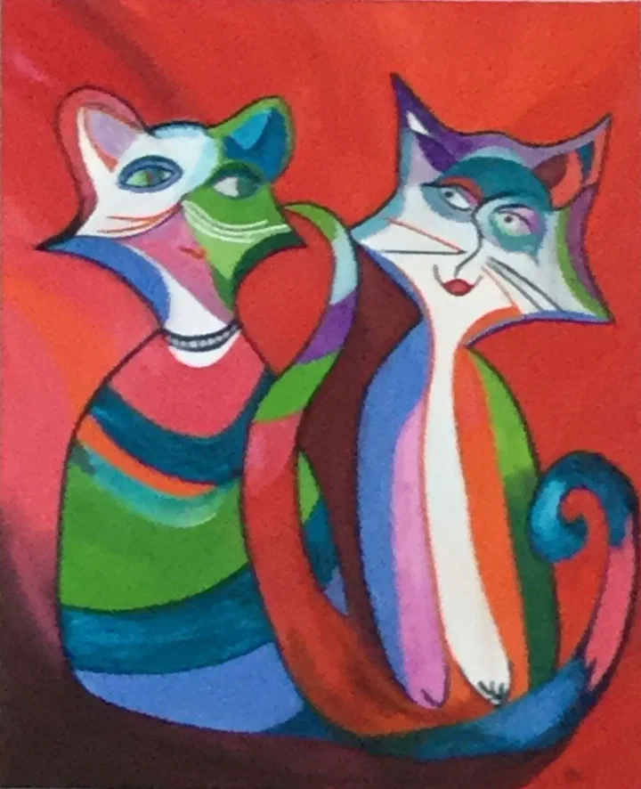 Schilderij van twee katten met kleurrijke strepen