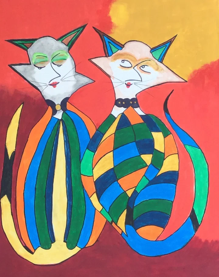 Schilderij van twee kleurrijke katten op een rode achtergrond