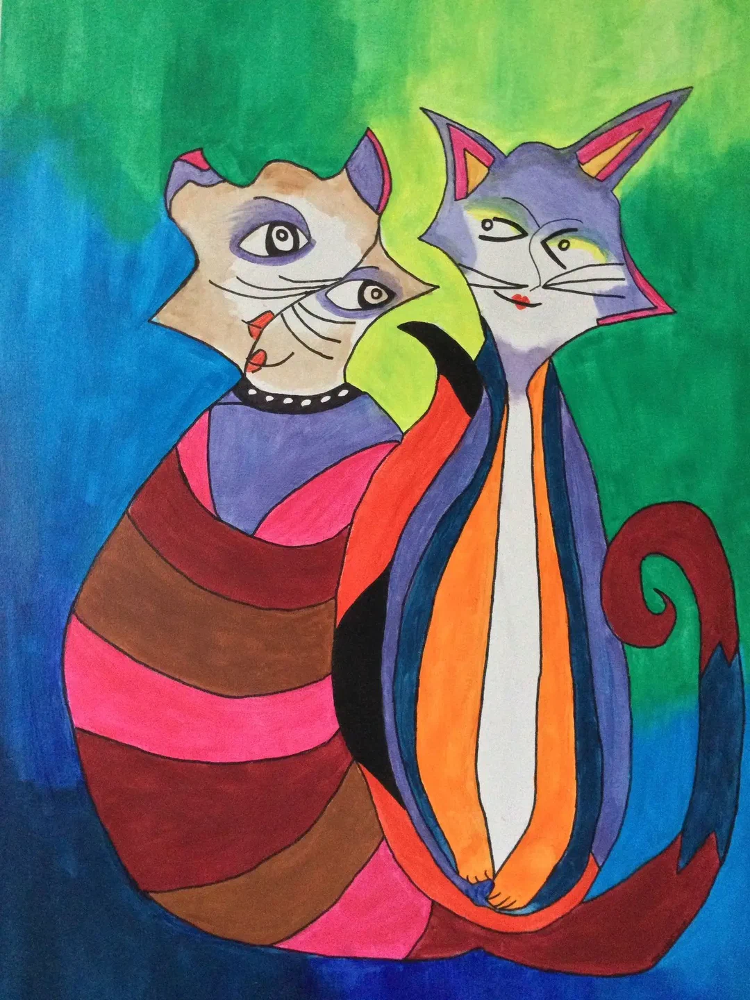 Schilderij van twee kleurrijke katten op een groene achtergrond