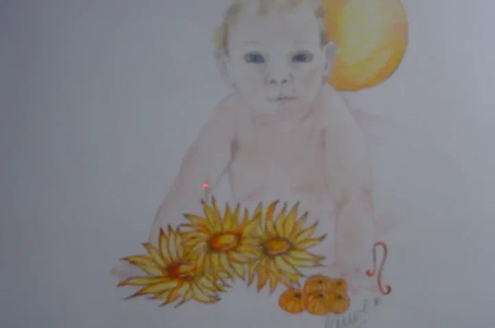 Illustratie van het sterrenbeeld Leeuw met een kind en zonnebloemen
