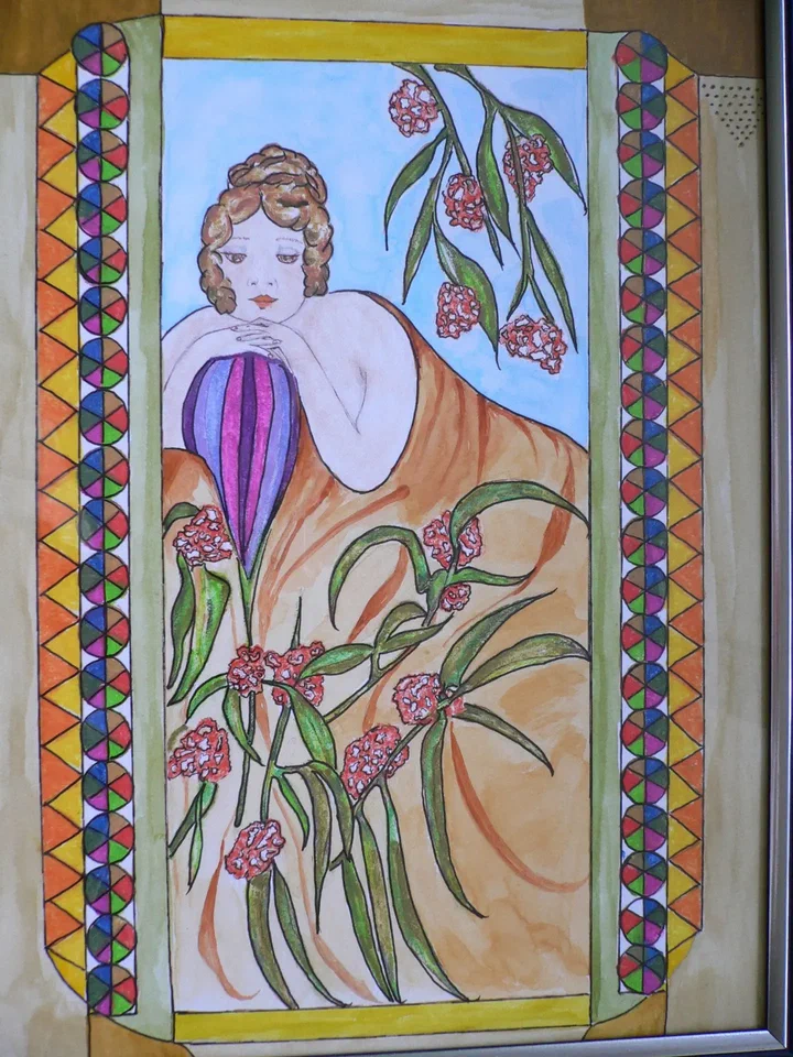 Decoratief paneel met een vrouw en bloemmotieven