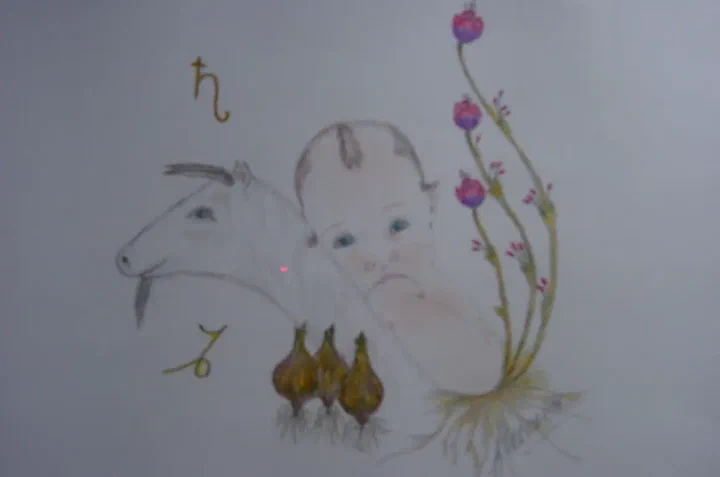 Illustratie van het sterrenbeeld Steenbok met een kind en een geit